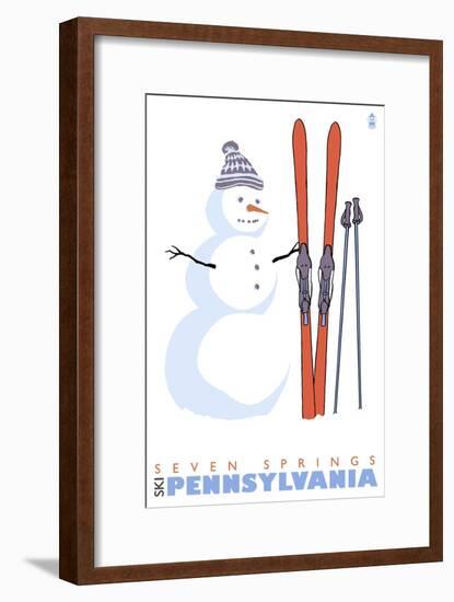 Seven Springs, Pennsylvania, Snowman with Skis-Lantern Press-Framed Art Print