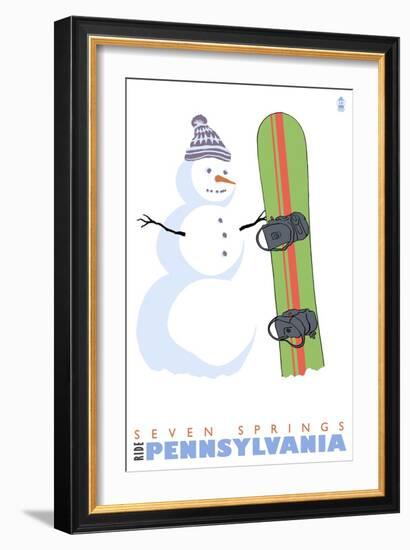 Seven Springs, Pennsylvania, Snowman with Snowboard-Lantern Press-Framed Art Print