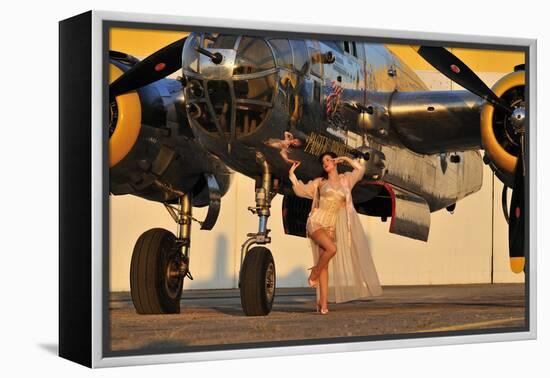 Sexy 1940's Pin-Up Girl in Lingerie Posing with a B-25 Bomber-null-Framed Premier Image Canvas