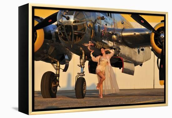 Sexy 1940's Pin-Up Girl in Lingerie Posing with a B-25 Bomber-null-Framed Premier Image Canvas