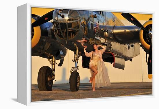 Sexy 1940's Pin-Up Girl in Lingerie Posing with a B-25 Bomber-null-Framed Premier Image Canvas