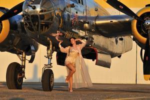 Sexy 1940's Pin-Up Girl in Lingerie Posing with a B-25 Bomber