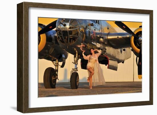 Sexy 1940's Pin-Up Girl in Lingerie Posing with a B-25 Bomber-null-Framed Photographic Print