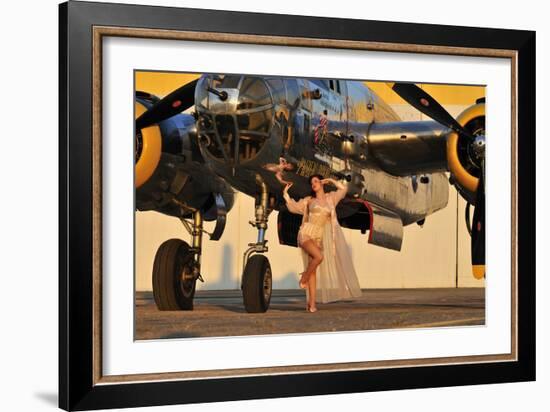 Sexy 1940's Pin-Up Girl in Lingerie Posing with a B-25 Bomber-null-Framed Photographic Print