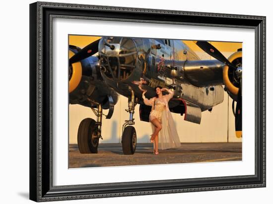 Sexy 1940's Pin-Up Girl in Lingerie Posing with a B-25 Bomber-null-Framed Photographic Print