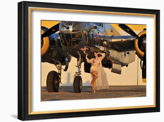 Sexy 1940's Pin-Up Girl in Lingerie Posing with a B-25 Bomber-null-Framed Photographic Print