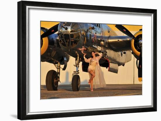 Sexy 1940's Pin-Up Girl in Lingerie Posing with a B-25 Bomber-null-Framed Photographic Print