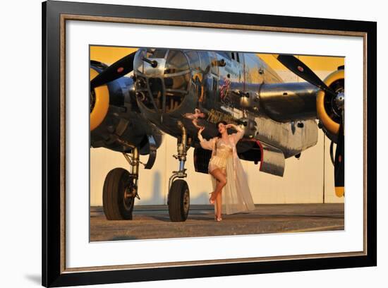 Sexy 1940's Pin-Up Girl in Lingerie Posing with a B-25 Bomber-null-Framed Photographic Print