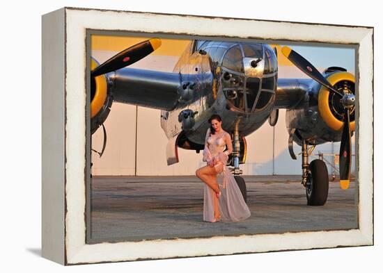 Sexy 1940's Pin-Up Girl in Lingerie Posing with a B-25 Bomber-null-Framed Premier Image Canvas