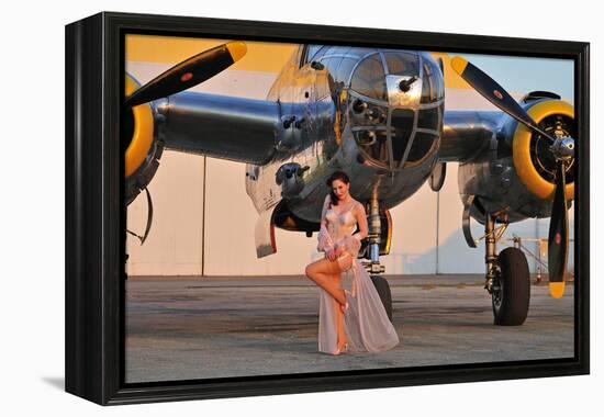 Sexy 1940's Pin-Up Girl in Lingerie Posing with a B-25 Bomber-null-Framed Premier Image Canvas