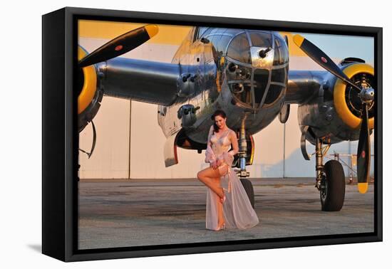 Sexy 1940's Pin-Up Girl in Lingerie Posing with a B-25 Bomber-null-Framed Premier Image Canvas