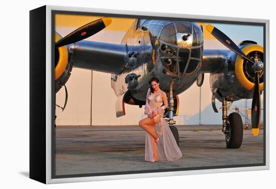 Sexy 1940's Pin-Up Girl in Lingerie Posing with a B-25 Bomber-null-Framed Premier Image Canvas