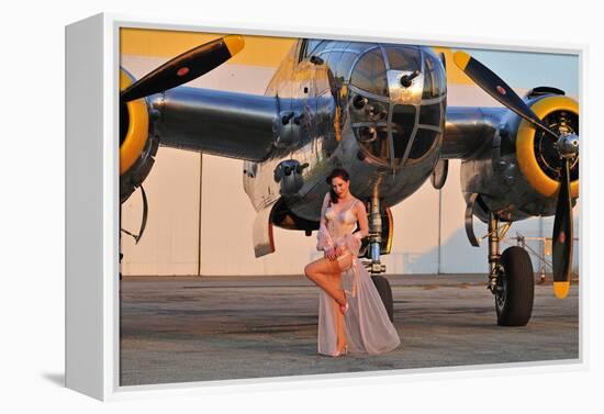 Sexy 1940's Pin-Up Girl in Lingerie Posing with a B-25 Bomber-null-Framed Premier Image Canvas