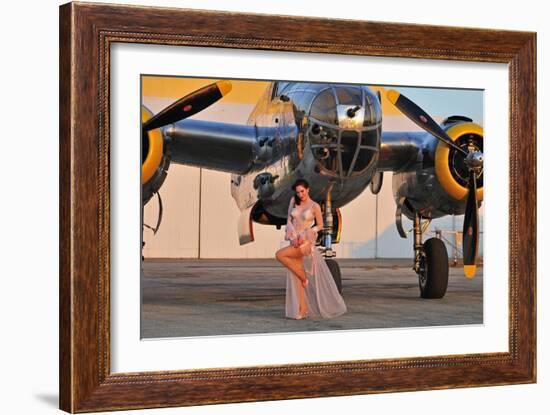 Sexy 1940's Pin-Up Girl in Lingerie Posing with a B-25 Bomber-null-Framed Photographic Print