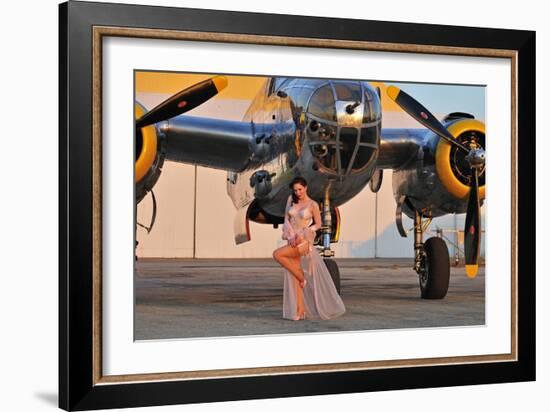 Sexy 1940's Pin-Up Girl in Lingerie Posing with a B-25 Bomber-null-Framed Photographic Print