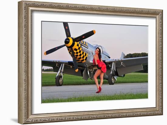 Sexy 1940's Style Pin-Up Girl Posing with a P-51 Mustang-null-Framed Photographic Print