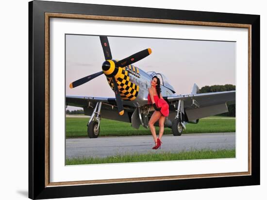 Sexy 1940's Style Pin-Up Girl Posing with a P-51 Mustang-null-Framed Photographic Print