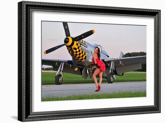 Sexy 1940's Style Pin-Up Girl Posing with a P-51 Mustang-null-Framed Photographic Print