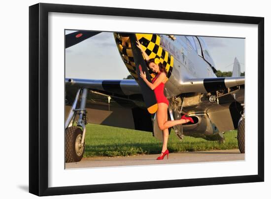 Sexy 1940's Style Pin-Up Girl Posing with a P-51 Mustang-null-Framed Premium Photographic Print