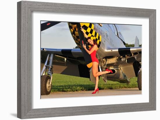 Sexy 1940's Style Pin-Up Girl Posing with a P-51 Mustang-null-Framed Photographic Print