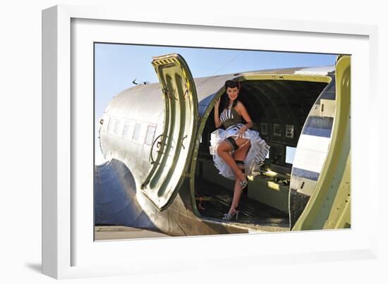 Sexy 1940's Style Pin-Up Girl Standing Inside of a C-47 Skytrain Aircraft-null-Framed Photographic Print
