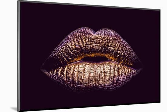 Sexy Female Golden or Gold Lips Isolated on Black Background as Makeup or Body Art Painted Mouth Me-Volodymyr Tverdokhlib-Mounted Photographic Print