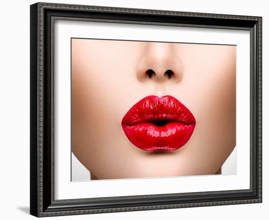 Sexy Lips. Beauty Red Lip Makeup Detail. Beautiful Make-Up Closeup. Sensual Open Mouth. Lipstick Or-Subbotina Anna-Framed Photographic Print