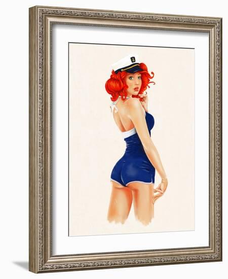 Sexy Pin up Sailor Girl Painting with Full Paper Poster Edge-lineartestpilot-Framed Art Print