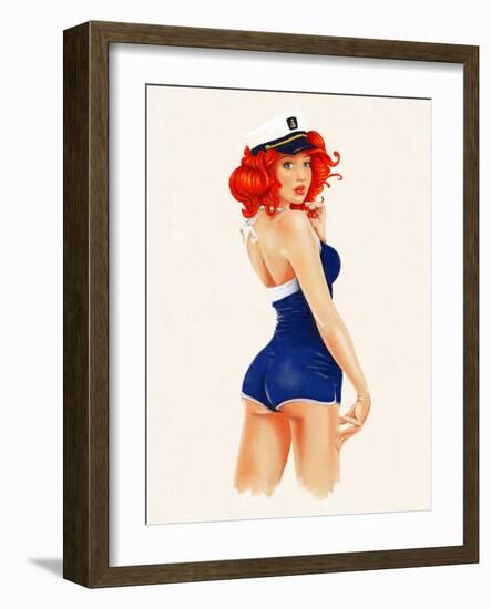 Sexy Pin up Sailor Girl Painting with Full Paper Poster Edge-lineartestpilot-Framed Art Print