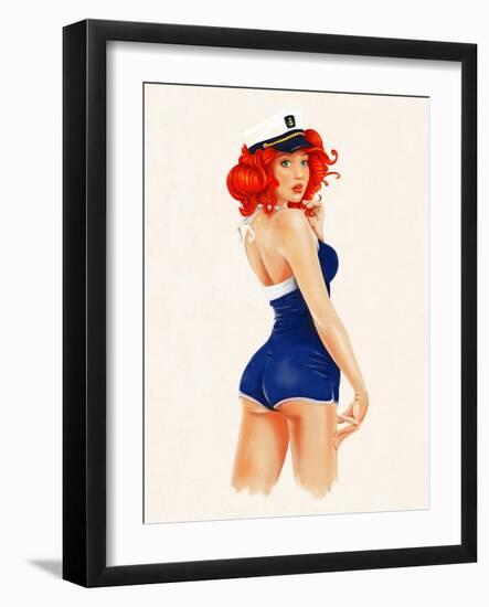 Sexy Pin up Sailor Girl Painting with Full Paper Poster Edge-lineartestpilot-Framed Art Print