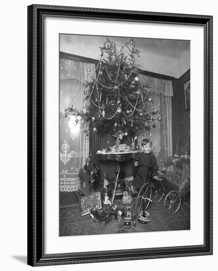 Seymour Boy Posed with Tricycle Beside Christmas Tree in Parlor, Christmas 1912-William Davis Hassler-Framed Photographic Print