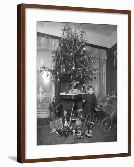 Seymour Boy Posed with Tricycle Beside Christmas Tree in Parlor, Christmas 1912-William Davis Hassler-Framed Photographic Print