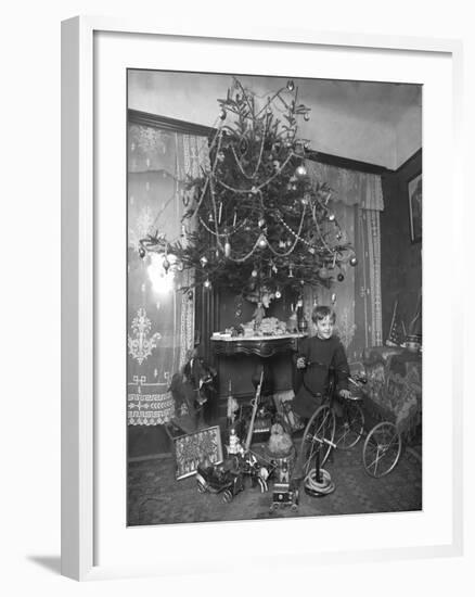 Seymour Boy Posed with Tricycle Beside Christmas Tree in Parlor, Christmas 1912-William Davis Hassler-Framed Photographic Print