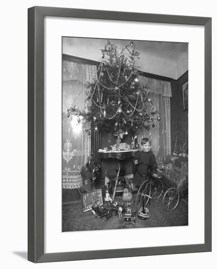 Seymour Boy Posed with Tricycle Beside Christmas Tree in Parlor, Christmas 1912-William Davis Hassler-Framed Photographic Print