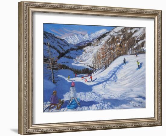 Shadow of a Fir Tree, And Skiers Tignes, 2014-Andrew Macara-Framed Giclee Print