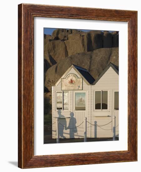 Shadow of Couple Walking Past Beach Huts, Granite Boulders, Cote De Granit Rose, Brittany-David Hughes-Framed Photographic Print