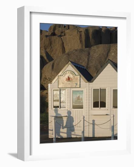 Shadow of Couple Walking Past Beach Huts, Granite Boulders, Cote De Granit Rose, Brittany-David Hughes-Framed Photographic Print