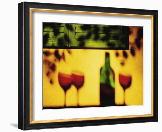 Shadow of Red Wine Bottle and Red Wine Glasses on Wall-Peter Howard Smith-Framed Photographic Print