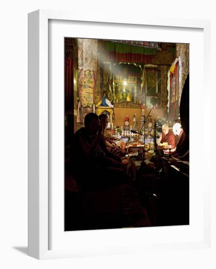 Shaft of Light Falls on Tibetan Buddhist Monks, Meru Nyingba Monastery, Bharkor, Tibet, China-Don Smith-Framed Photographic Print