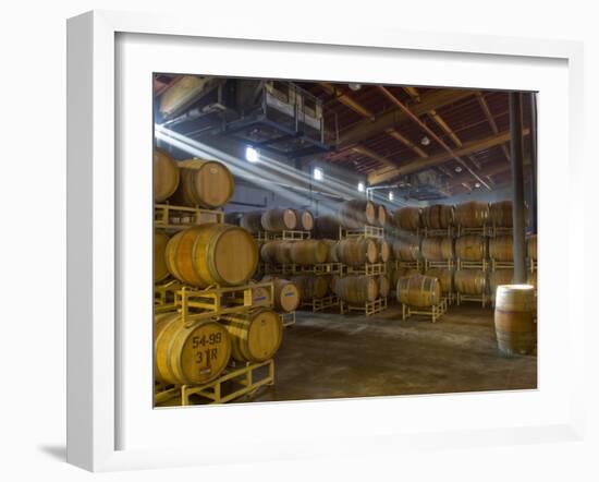 Shafts of Light in Barrel Room of Montevina Winery, Shenandoah Valley, California, USA-Janis Miglavs-Framed Photographic Print