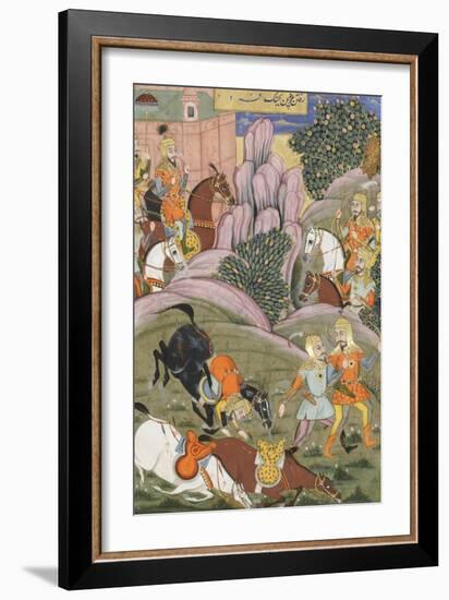 Shahnameh de Ferdowsi ou le Livre des Rois. Bijane et Roham partent attaquer Firoud-null-Framed Giclee Print