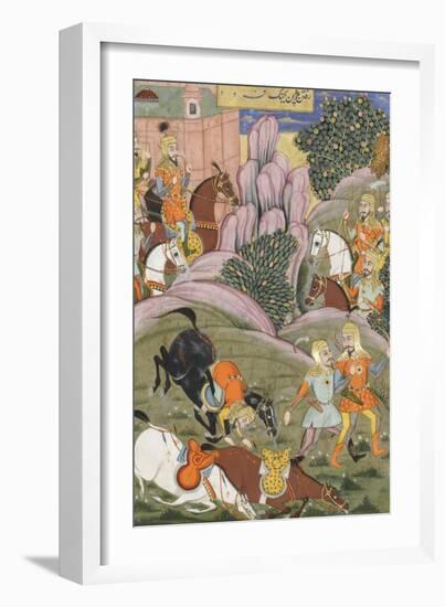 Shahnameh de Ferdowsi ou le Livre des Rois. Bijane et Roham partent attaquer Firoud-null-Framed Giclee Print