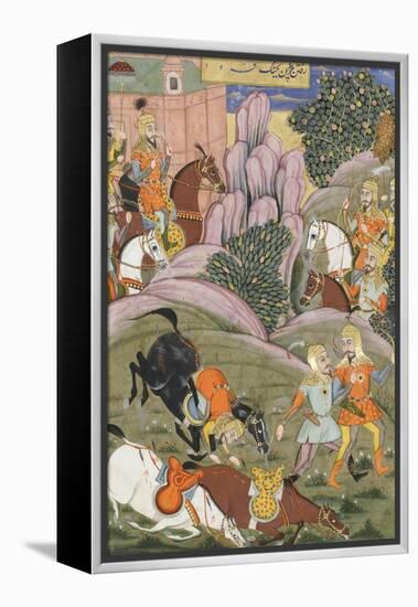 Shahnameh de Ferdowsi ou le Livre des Rois. Bijane et Roham partent attaquer Firoud-null-Framed Premier Image Canvas