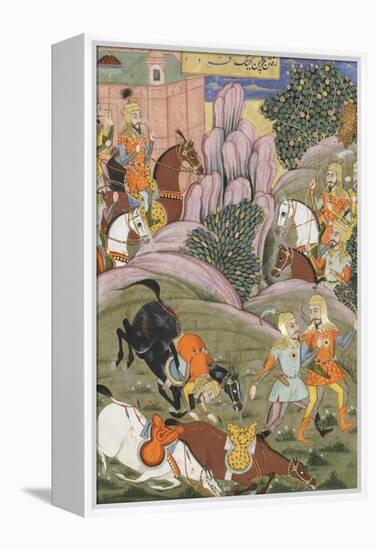 Shahnameh de Ferdowsi ou le Livre des Rois. Bijane et Roham partent attaquer Firoud-null-Framed Premier Image Canvas