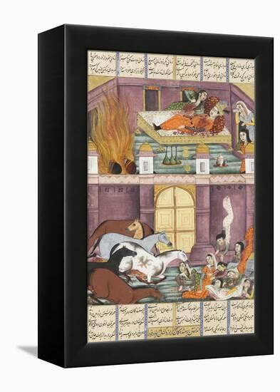 Shahnameh de Ferdowsi ou le Livre des Rois. Mort de Firoud et de sa mère Djerireh-null-Framed Premier Image Canvas