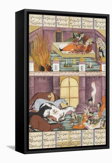 Shahnameh de Ferdowsi ou le Livre des Rois. Mort de Firoud et de sa mère Djerireh-null-Framed Premier Image Canvas