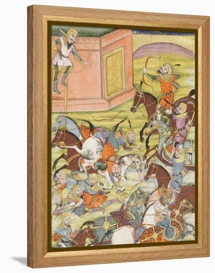 Shahnameh de Ferdowsi ou le Livre des Rois. Sam décoche une flèche à un arche automate-null-Framed Premier Image Canvas