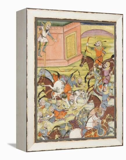 Shahnameh de Ferdowsi ou le Livre des Rois. Sam décoche une flèche à un arche automate-null-Framed Premier Image Canvas