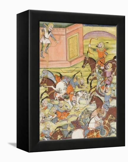 Shahnameh de Ferdowsi ou le Livre des Rois. Sam décoche une flèche à un arche automate-null-Framed Premier Image Canvas