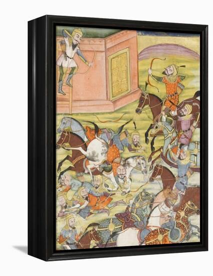 Shahnameh de Ferdowsi ou le Livre des Rois. Sam décoche une flèche à un arche automate-null-Framed Premier Image Canvas